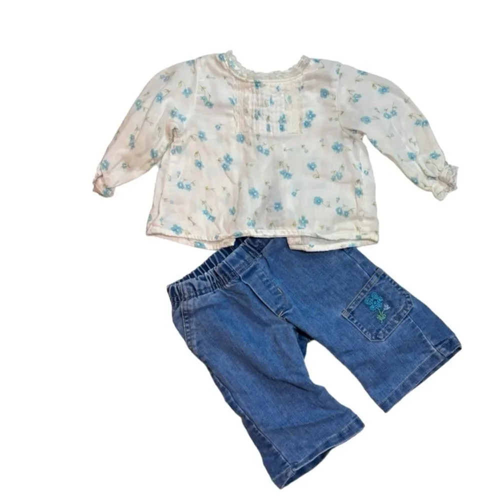 Old Navy | Vintage Girls White Floral Long Sleeve Blouse Blue Denim Jean…